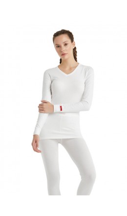 1257 Bayan Termal V-Yaka Uzun Kol T-Shirt 2.Seviye Beyaz | nurkonicgiyim.com