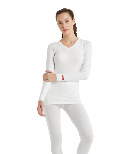1257 Bayan Termal V-Yaka Uzun Kol T-Shirt 2.Seviye Beyaz | nurkonicgiyim.com