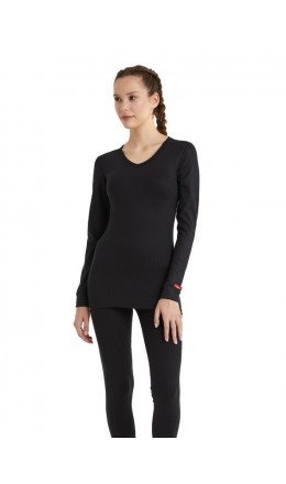 1257 Bayan Termal V-Yaka Uzun Kol T-Shirt 2.Seviye Siyah | nurkonicgiyim.com