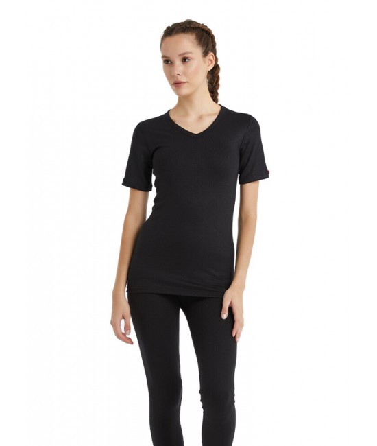 1263 Bayan Termal V-Yaka Kısa Kol T-Shirt 2.Seviye Siyah | nurkonicgiyim.com