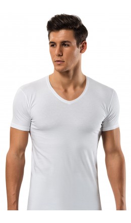 1119 Erkek Pamuk Elastan V-Yaka T-Shirt Beyaz | nurkonicgiyim.com