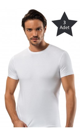 1122 Erkek 3'lü Pamuk Elastan T-Shirt Beyaz | nurkonicgiyim.com