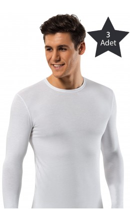 1123 Erkek 3'lü Pamuk Elastan Uzun Kol T-Shirt Beyaz | nurkonicgiyim.com
