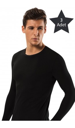 1123 Erkek 3'lü Pamuk Elastan Uzun Kol T-Shirt Siyah | nurkonicgiyim.com