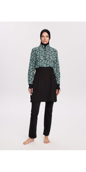 2934 Esila Yeşil Çiçek 5 Parça Tam Tesettür Mayo Takımı nurkonicgiyim