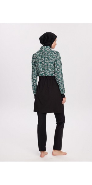 2934 Esila Yeşil Çiçek 5 Parça Tam Tesettür Mayo Takımı nurkonicgiyim