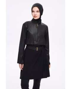 5027 Siyah Kemer Toka Detaylı Dokulu Kumaş Tesettür Mayo Takımı nurkonicgiyim