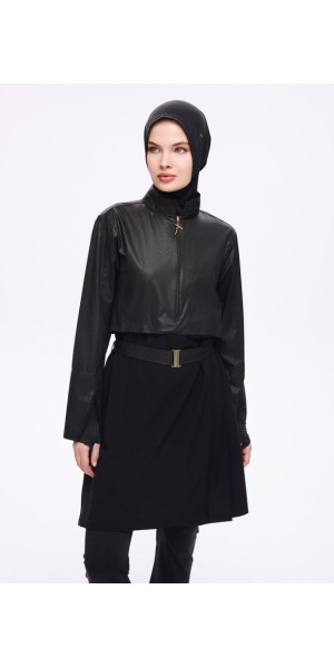 5027 Siyah Kemer Toka Detaylı Dokulu Kumaş Tesettür Mayo Takımı nurkonicgiyim