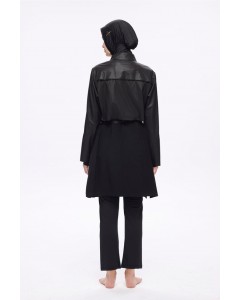 5027 Siyah Kemer Toka Detaylı Dokulu Kumaş Tesettür Mayo Takımı nurkonicgiyim