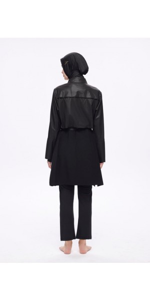 5027 Siyah Kemer Toka Detaylı Dokulu Kumaş Tesettür Mayo Takımı nurkonicgiyim