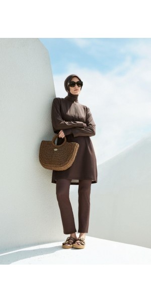 5067 Esila Dokulu Kumaş Kahverengi Tesettür Mayo Takımı nurkonicgiyim