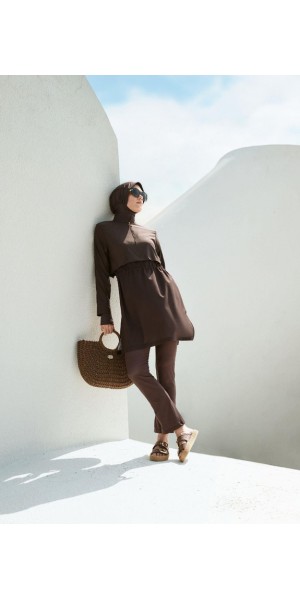 5067 Esila Dokulu Kumaş Kahverengi Tesettür Mayo Takımı nurkonicgiyim