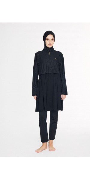 5081 Siyah Vaha Dokulu Kumaş 5 Parça Tesettür mayo nurkonicgiyim