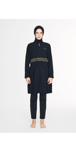5086 Siyah Vaha Altın Renk Nakış Detaylı 5 parça Tesettür Mayo nurkonicgiyim