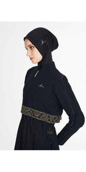 5086 Siyah Vaha Altın Renk Nakış Detaylı 5 parça Tesettür Mayo nurkonicgiyim