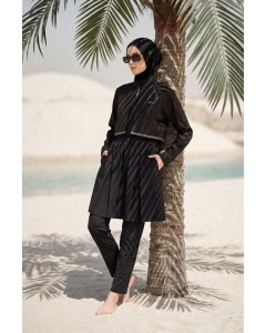 5087 Siyah Vaha Dokulu Kumaş Nakışlı Detaylı 5 parça Tesettür Mayo nurkonicgiyim