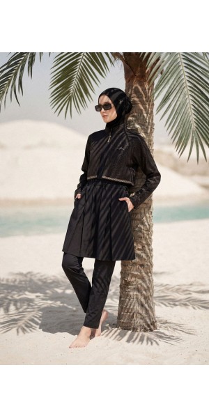 5087 Siyah Vaha Dokulu Kumaş Nakışlı Detaylı 5 parça Tesettür Mayo nurkonicgiyim