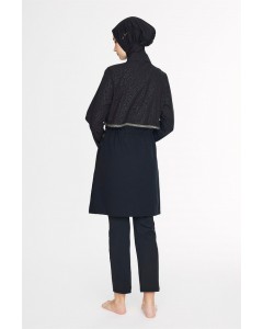 5087 Siyah Vaha Dokulu Kumaş Nakışlı Detaylı 5 parça Tesettür Mayo nurkonicgiyim