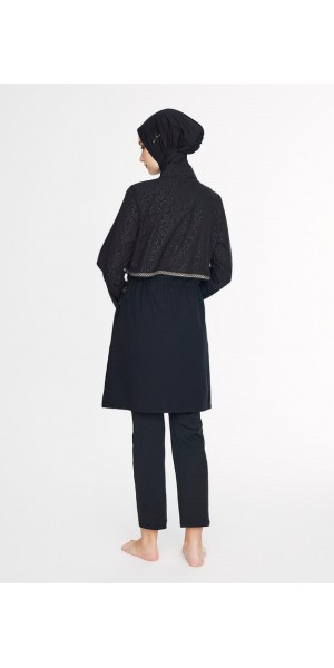 5087 Siyah Vaha Dokulu Kumaş Nakışlı Detaylı 5 parça Tesettür Mayo nurkonicgiyim