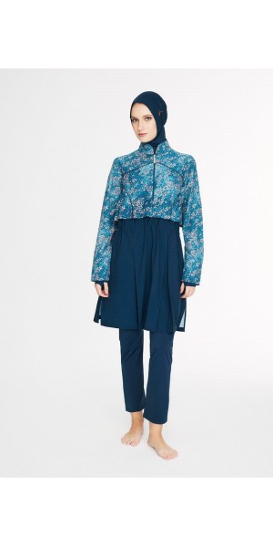 5088 Lacivert Vaha Desenli 5 parça Tesettür Mayo nurkonicgiyim
