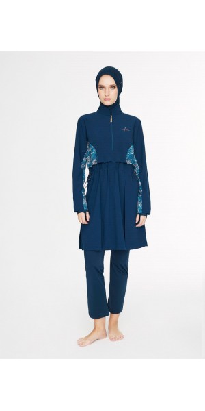 5089 Lacivert Vaha Kol Altı Desenli 5 parça Tesettür Mayo nurkonicgiyim
