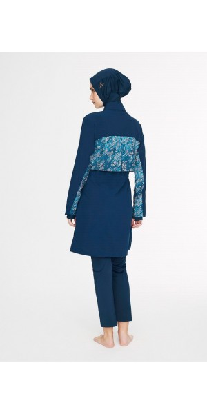 5089 Lacivert Vaha Kol Altı Desenli 5 parça Tesettür Mayo nurkonicgiyim