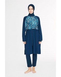 5090 Lacivert Vaha Göğüs Kısmı Desenli 5 parça Tesettür Mayo nurkonicgiyim