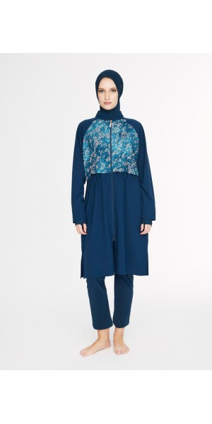 5090 Lacivert Vaha Göğüs Kısmı Desenli 5 parça Tesettür Mayo nurkonicgiyim