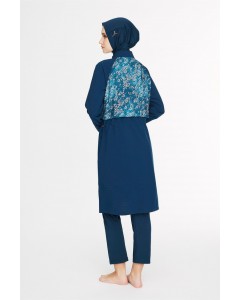 5090 Lacivert Vaha Göğüs Kısmı Desenli 5 parça Tesettür Mayo nurkonicgiyim