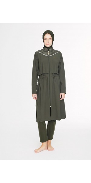 5097 Haki Vaha Omuz Bölgesi Palmiye Desenli 5 parça Tesettür Mayo nurkonicgiyim