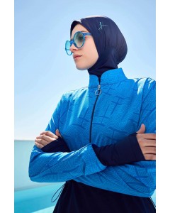 2934 Esila Monogram Desenli Lacivert 5 Parça Tam Tesettür Mayo Takımı nurkonicgiyim