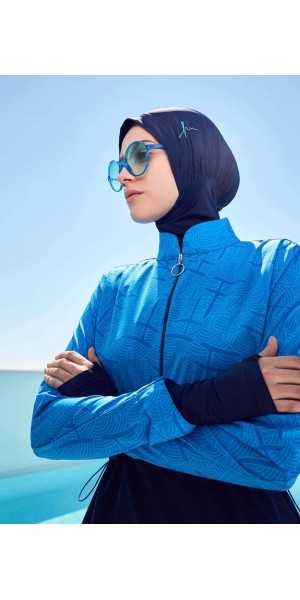 2934 Esila Monogram Desenli Lacivert 5 Parça Tam Tesettür Mayo Takımı nurkonicgiyim