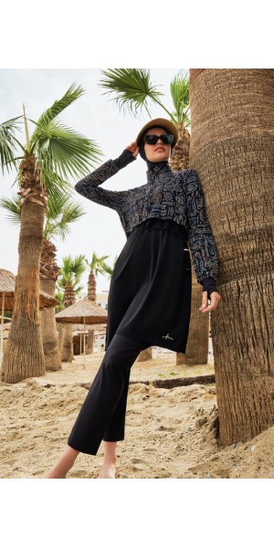 2934 Siyah Yeşil Esila Tatil Tema Desenli Jileli 5 Parça Tam Tesettür Mayo Takımı nurkonicgiyim