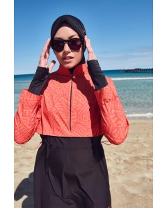 2934 Turuncu Siyah Esila Jileli 5 Parça Tam Tesettür Mayo Takımı nurkonicgiyim