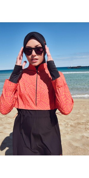 2934 Turuncu Siyah Esila Jileli 5 Parça Tam Tesettür Mayo Takımı nurkonicgiyim