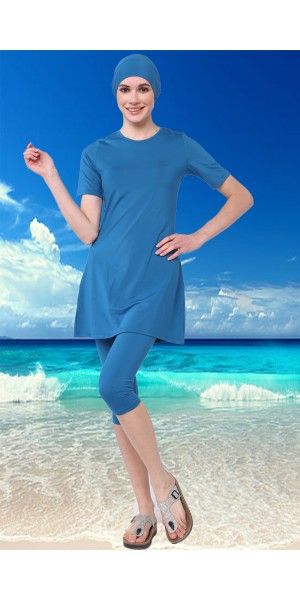 0098 Petrol Büyük Beden Kısa Kollu Yarım Kapalı Taytlı Mayo nurkonicgiyim