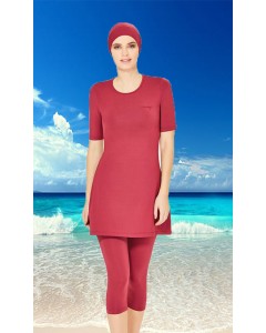 0098 Mürdüm Kısa Kollu Yarım Kapalı Taytlı Mayo nurkonicgiyim