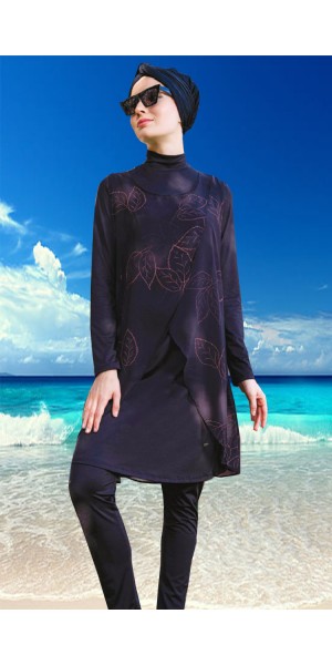 2198 Siyah Likralı Pareolu Tesettür Mayo Takımı nurkonicgiyim