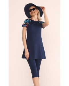 0446 Büyük Beden Kısa Kollu Yarım Kapalı Taytlı Mayo K.Lacivert nurkonicgiyim