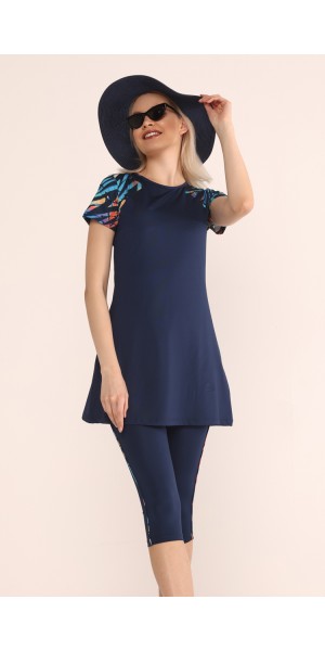 0446 K.Lacivert Büyük Beden Kısa Kollu Yarım Kapalı Taytlı Mayo nurkonicgiyim