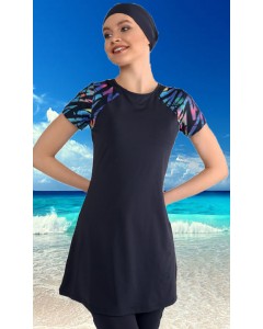 0446 Lacivert Kısa Kollu Yarım Kapalı Taytlı Mayo nurkonicgiyim