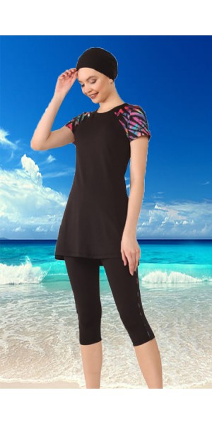 0446 Siyah Büyük Beden Kısa Kollu Yarım Kapalı Taytlı Mayo nurkonicgiyim