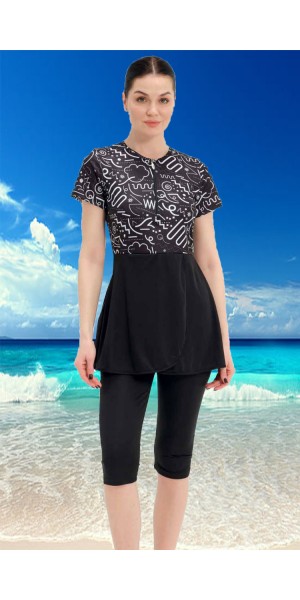 2312 Siyah Beyaz Yarım Kapalı Taytlı Mayo nurkonicgiyim